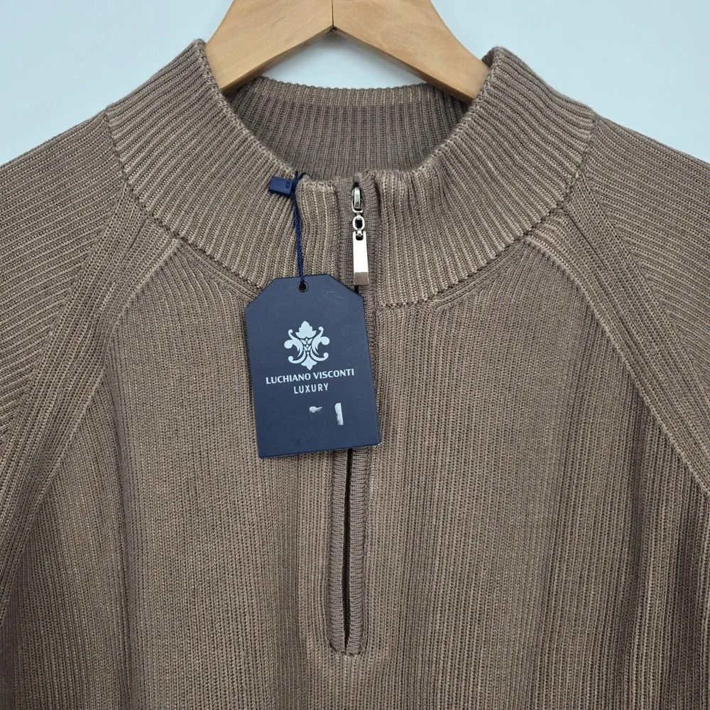 NWT Luchiano Visconti Mens S Taupe Brown Knit Sweater 1/4 Zip Quiet Luxury